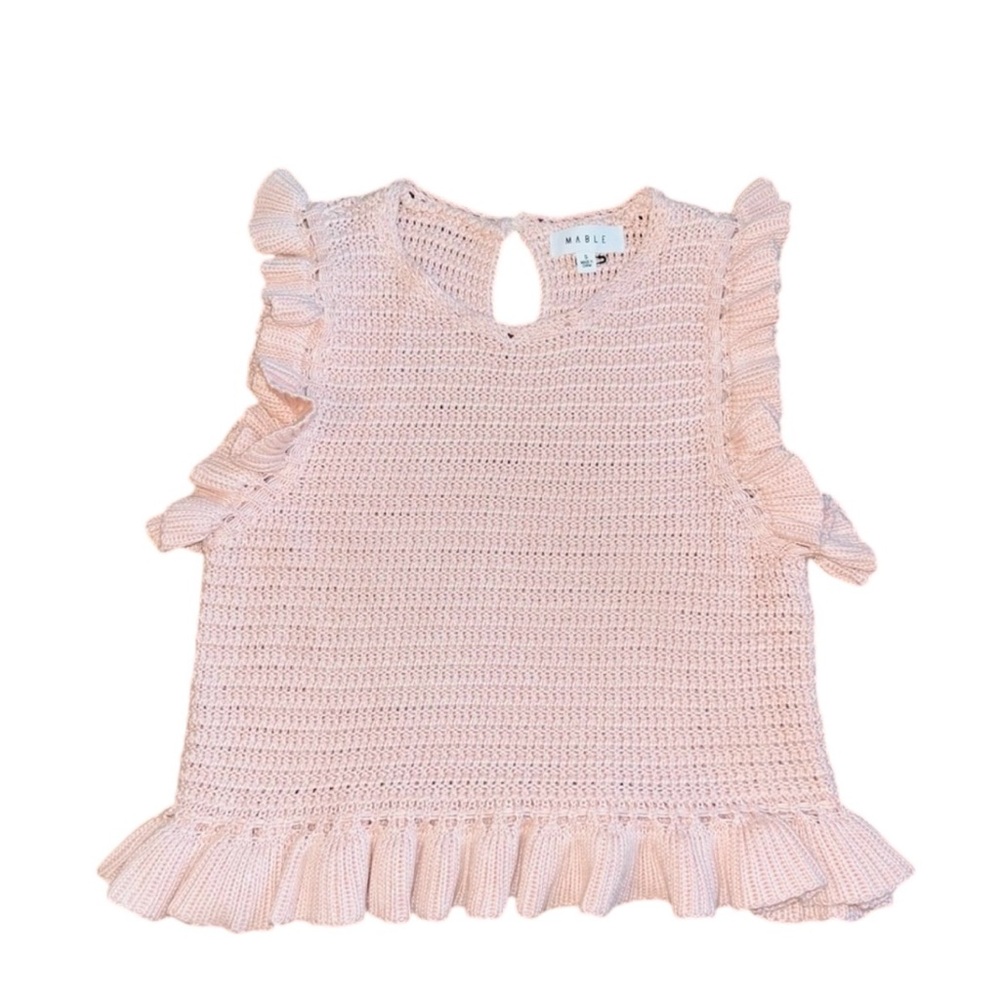 Mable - Crochet Knit Ruffle Sleeveless Tank Top in Pastel Pink - Size Small -EUC - Picture 3 of 9